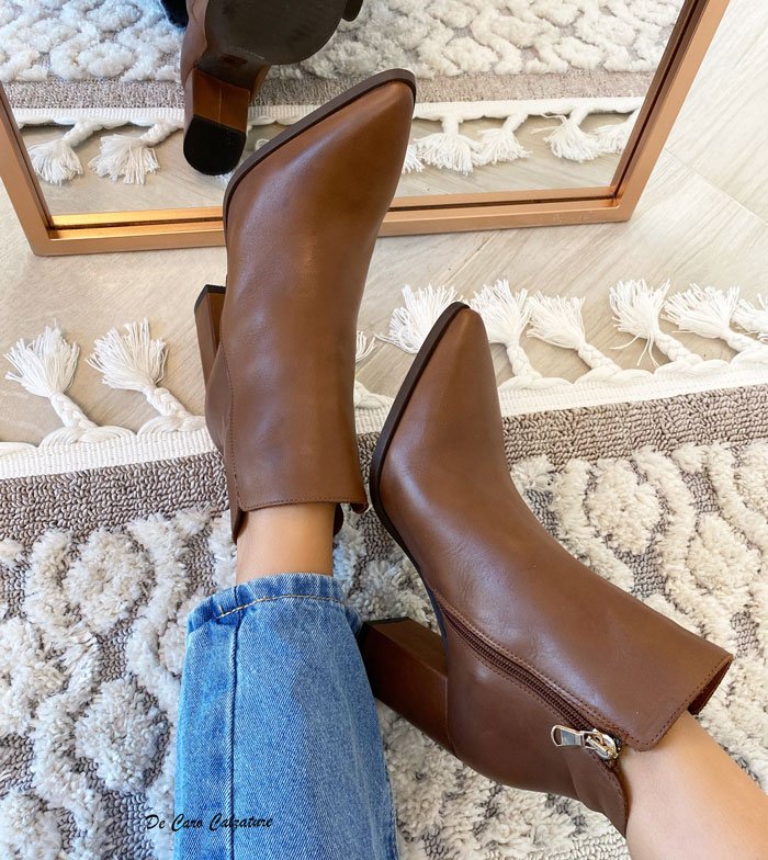 Botines Cortos Mujer Piel Auténtica - Punta Puntiaguda, Cremallera Trasera, Tacón Medio, Estilo Retro