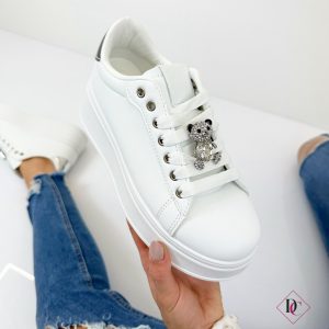 sneakers bianco argento con zeppa platform ed orso gioiello de caro calzature 3