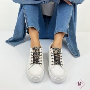 sneakers bianco con zeppa e lacci leopardato de caro calzature 1