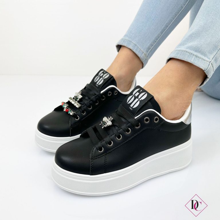 Sneakers Stonefly Donna In Pelle E Camoscio Nero - Con Zeppa 6cm, Lacci E Zip, Comode E Eleganti