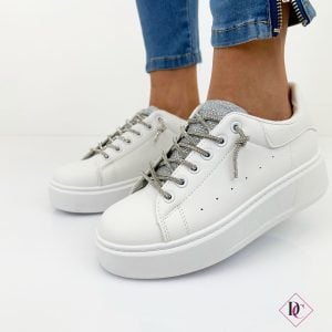 sneakers tennis bianco argento con lacci glitter de caro calzature