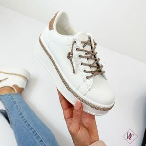 sneakers eleganti bianco champagne con lacci di strass e zeppa de caro calzature