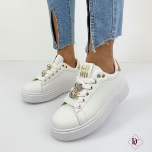 sneakers bianco oro con zeppa platform e orso gioiello de caro calzature 1