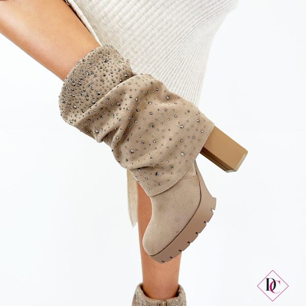 tronchetto scamosciato beige khaki tacco alto con ghetta e brillantini de caro calzature