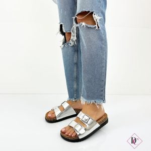 sandali bassi argento con due fibbile regolabili zeppa comoda anti sudore de caro calzature 3