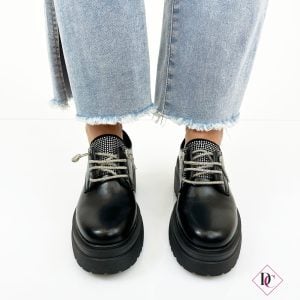 Elegant black sneakers with high platform wedge and rhinestones de caro calcio 3