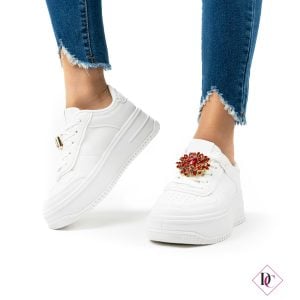 sneakers bianche con zeppa platform e fiore rosso de caro calzature (1)