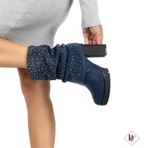 tronchetti eleganti camoscio blu con strass e tacco alto de caro calzature