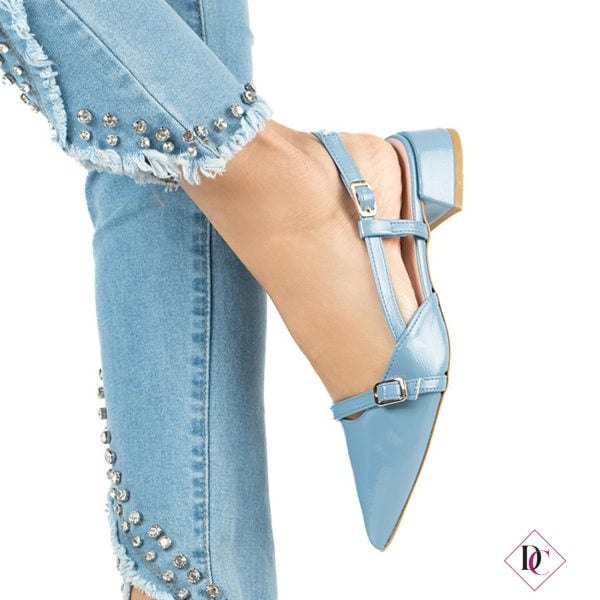 Zapatos de tacón azul claro brillantes con punta en punta, tacón bajo, bailarinas de caro calcio