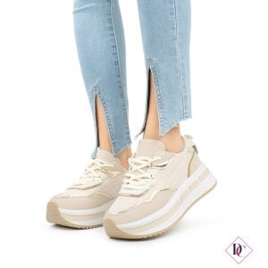 beige eco leather and canvas sneakers with rubber wedge de caro footwear (1)