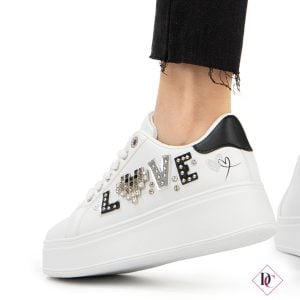 sneakers bianco nero con brillantini e zeppa platform de caro calzature (3)