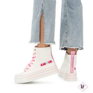 sneakers stivaletto in tela bianco con lacci fucsia de caro calzature (3)