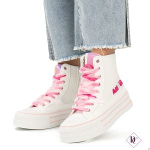 sneakers stivaletto in tela bianco con lacci fucsia de caro calzature (5)