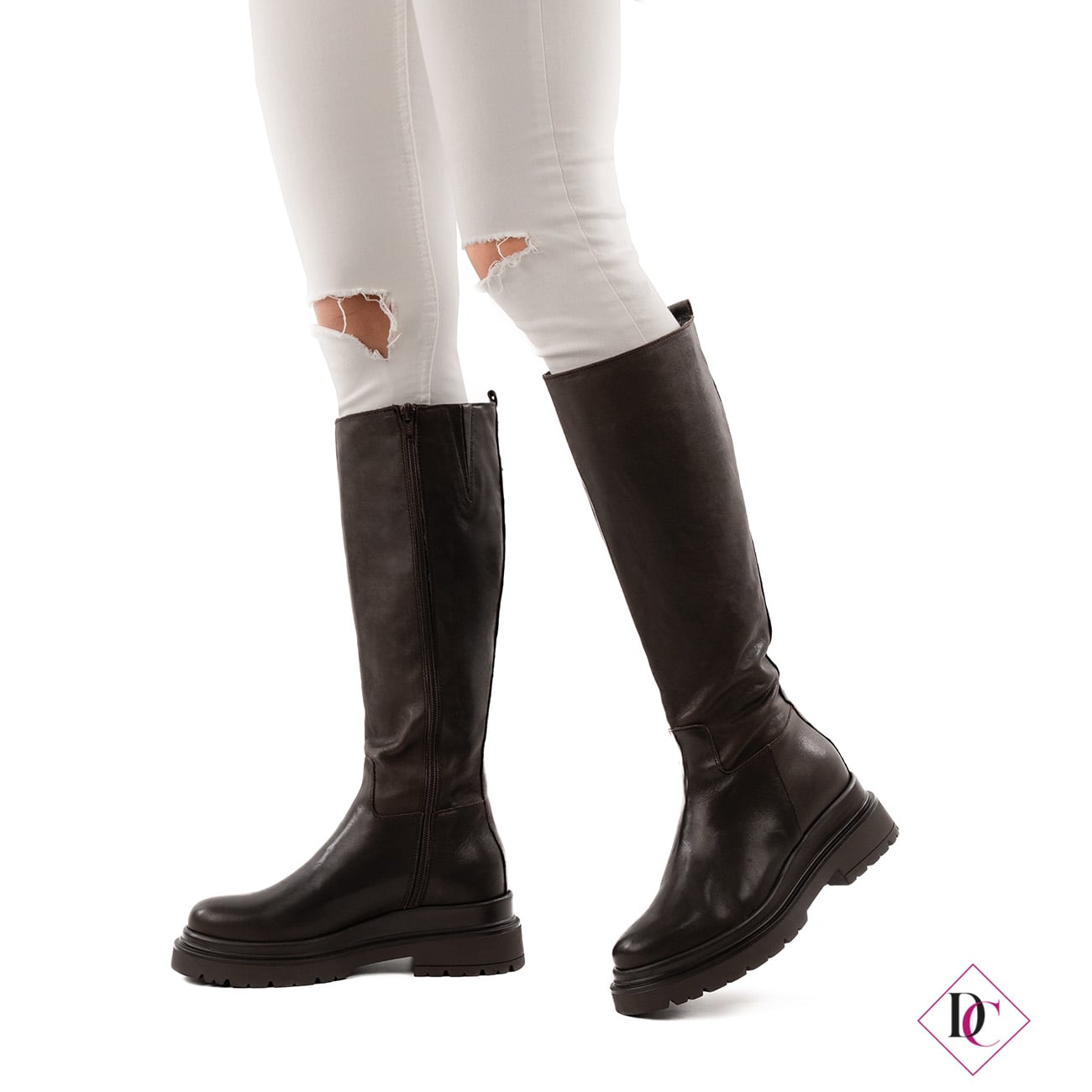 Stivali Alti Invernali In Pelle Donna – Tacco Basso, Stringati, Anfibi Biker, Nero, Taglia 40 - 2