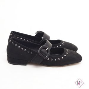 ballerine nero camoscio con borchie e cinturino de caro calzature