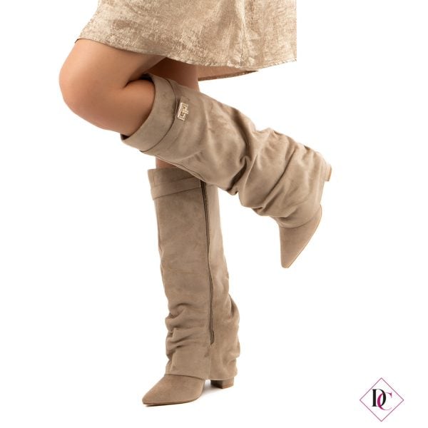 khaki suede high heel boots with gold buckle de caro footwear (3)