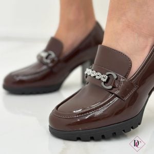 brown shiny high heel loafers de caro footwear 2