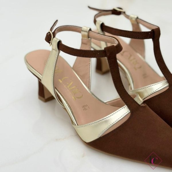 Décolleté eleganti cerimonia marrone oro tacco comodo de caro calzature (2)