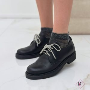 Sneakers eleganti Inglesine tacco basso vera pelle nero lacci strass argento de caro calzature (1)