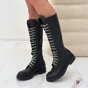 anfibi alti al ginocchio neri vera pelle con lacci strass tacco basso de caro calzature (7)