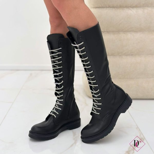 anfibi alti al ginocchio neri vera pelle con lacci strass tacco basso de caro calzature (7)