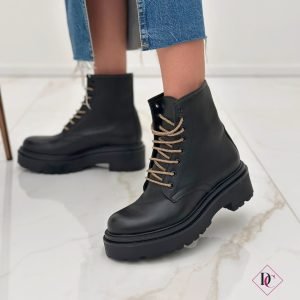 anfibi neri vera pelle con tacco comodo lacci strass champagne de caro calzature (6)