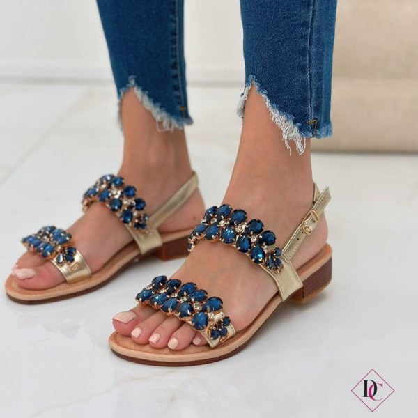 sandali gioiello oro blu eleganti tacco basso de caro calzature (2)