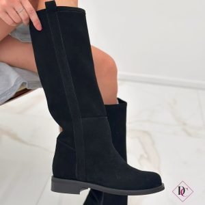 stivali eleganti tacco basso vera pelle camoscio nero de caro calzature (3)
