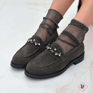 mocassini eleganti camoscio grigio con brillantini tacco basso de caro calzature (1)