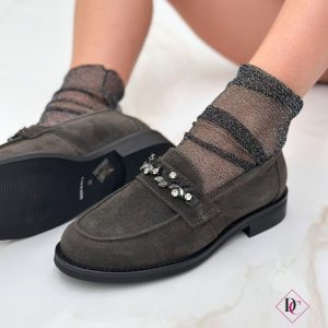 mocassini eleganti camoscio grigio con brillantini tacco basso de caro calzature (3)
