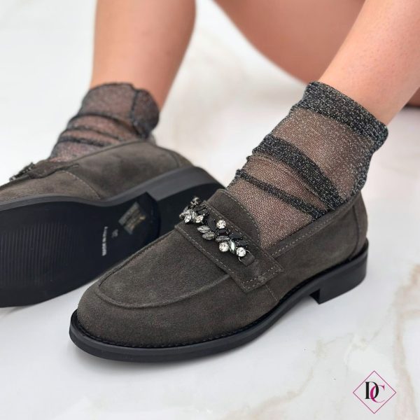 mocassini eleganti camoscio grigio con brillantini tacco basso de caro calzature (3)