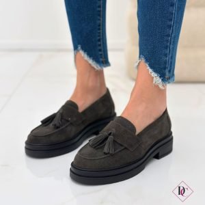 mocassini grigio vera pelle scamosciati con nappe tacco comodo de caro calzature (1)