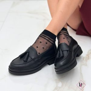 mocassini neri vera pelle con tacco comodo e nappe de caro calzature (1)