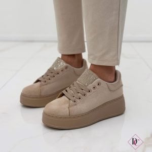 sneakers eleganti beige con zeppa e strass de caro calzature (3)