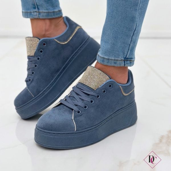 sneakers eleganti camoscio blu con zeppa e strass de caro calzature (2)