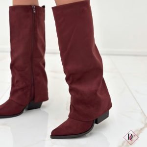 stivali texani camoscio bordeaux con risvolto e zip tacco basso de caro calzature (4)