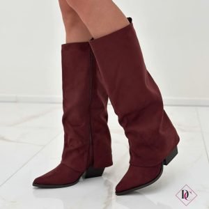 stivali texani camoscio bordeaux con risvolto e zip tacco basso de caro calzature (5)